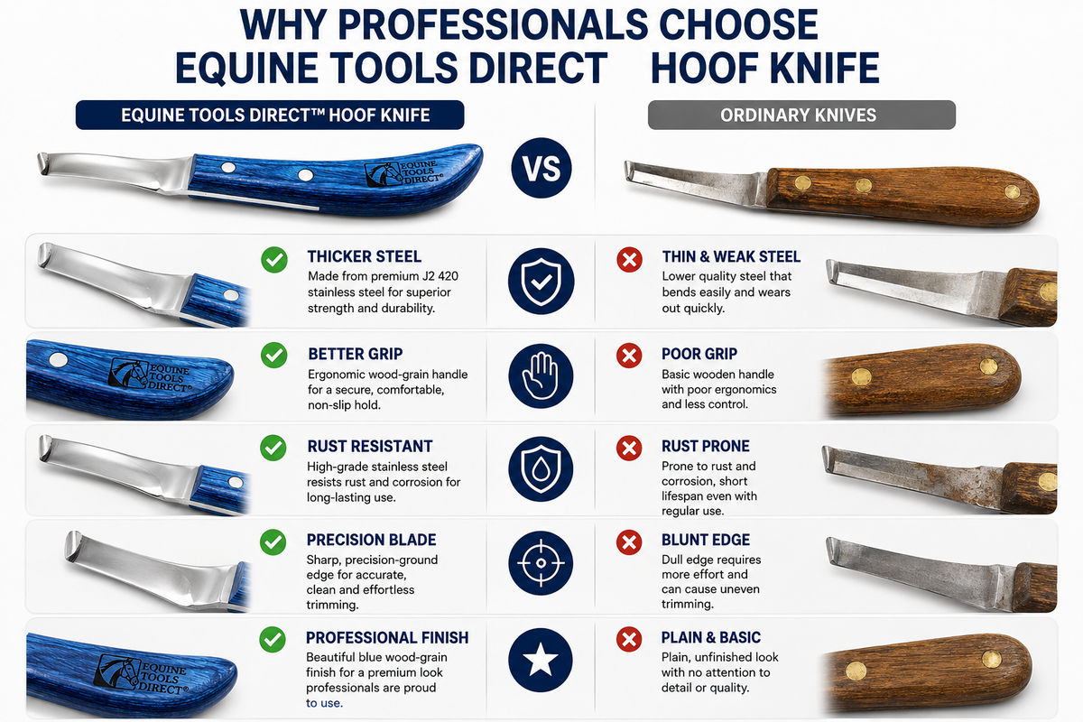 Flat side profile of Equine Tools Direct right-hand curved hoof
knife with blue wood-grain handle and stainless steel blade