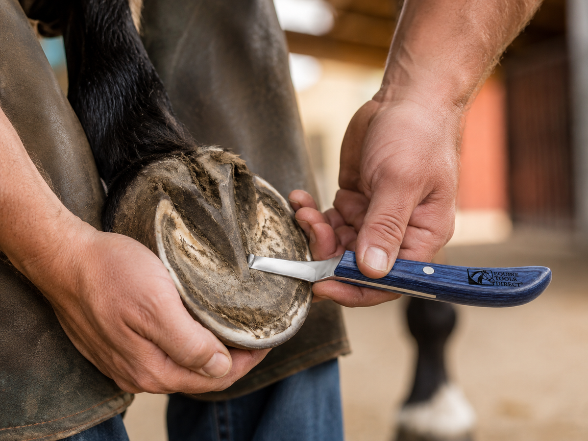 Equine Tools Direct right-hand curved hoof knife with blue handle resting on wooden fence post at horse stable