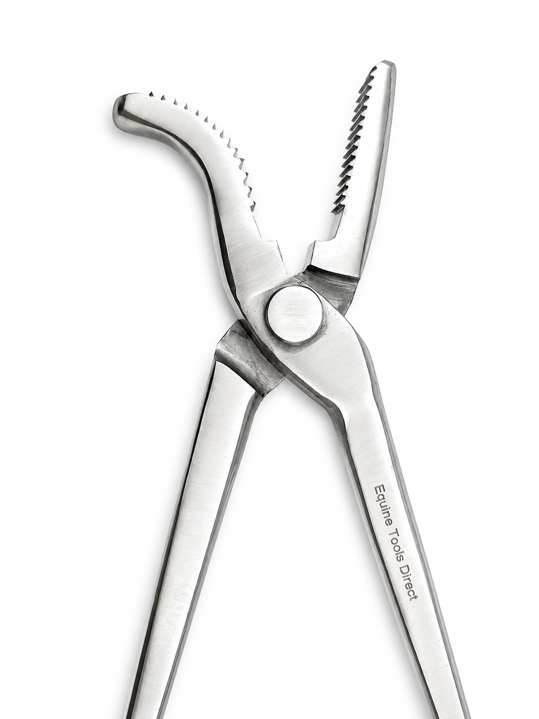 Open jaw view of curved jaw hoof clincher farrier pliers showing the pivot joint