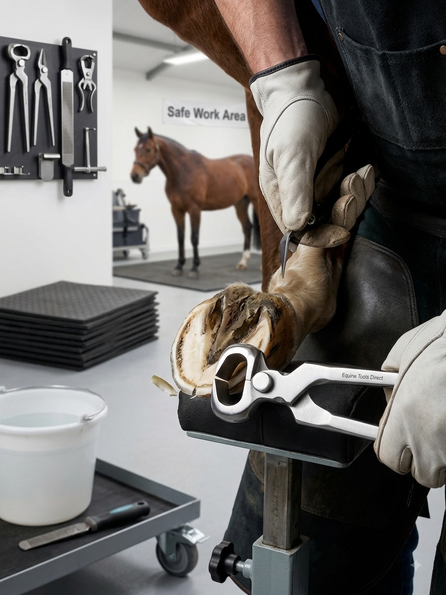Farrier trimming a horse hoof with 15 inch hoof nippers in a workshop