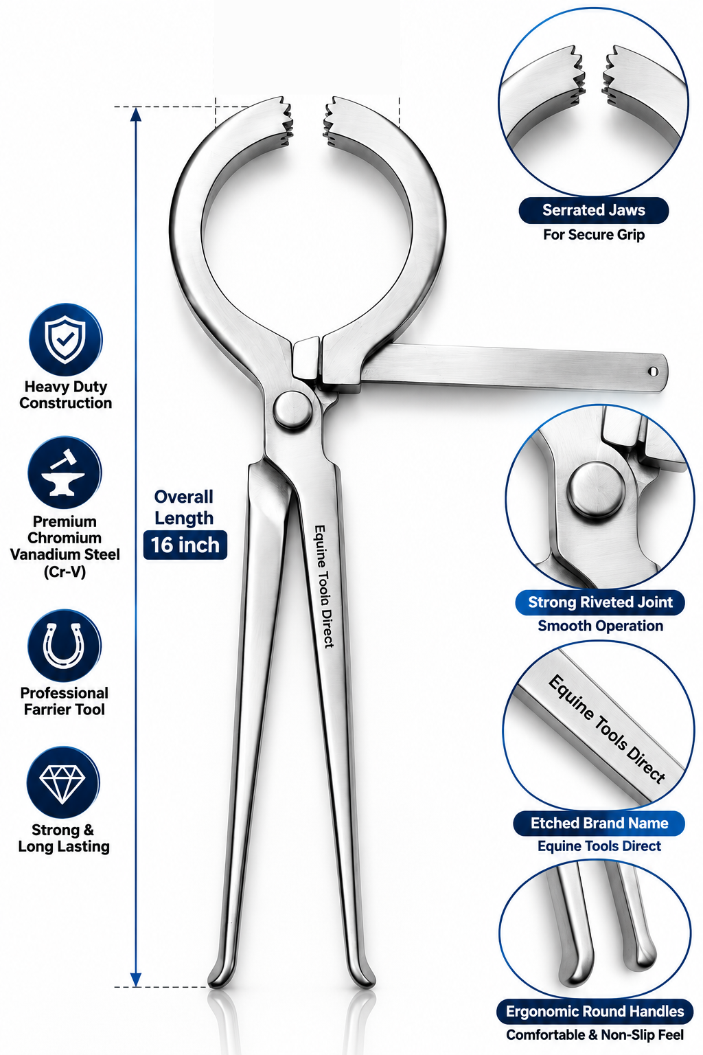 Hoof tester features infographic with adjustable opening and steel construction