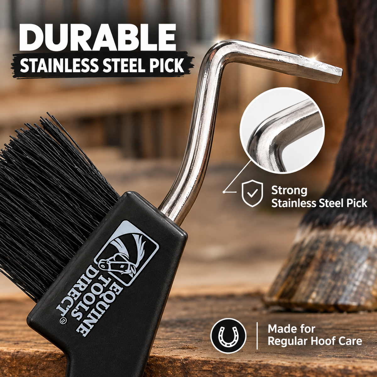 Angled view of Equine Tools Direct horse hoof pick showing Stainless steel pick, stiff brush, and black ergonomic handle with brand logo