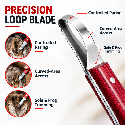 Close-up top view of C-shaped loop blade on Equine Tools Direct professional farrier hoof knife