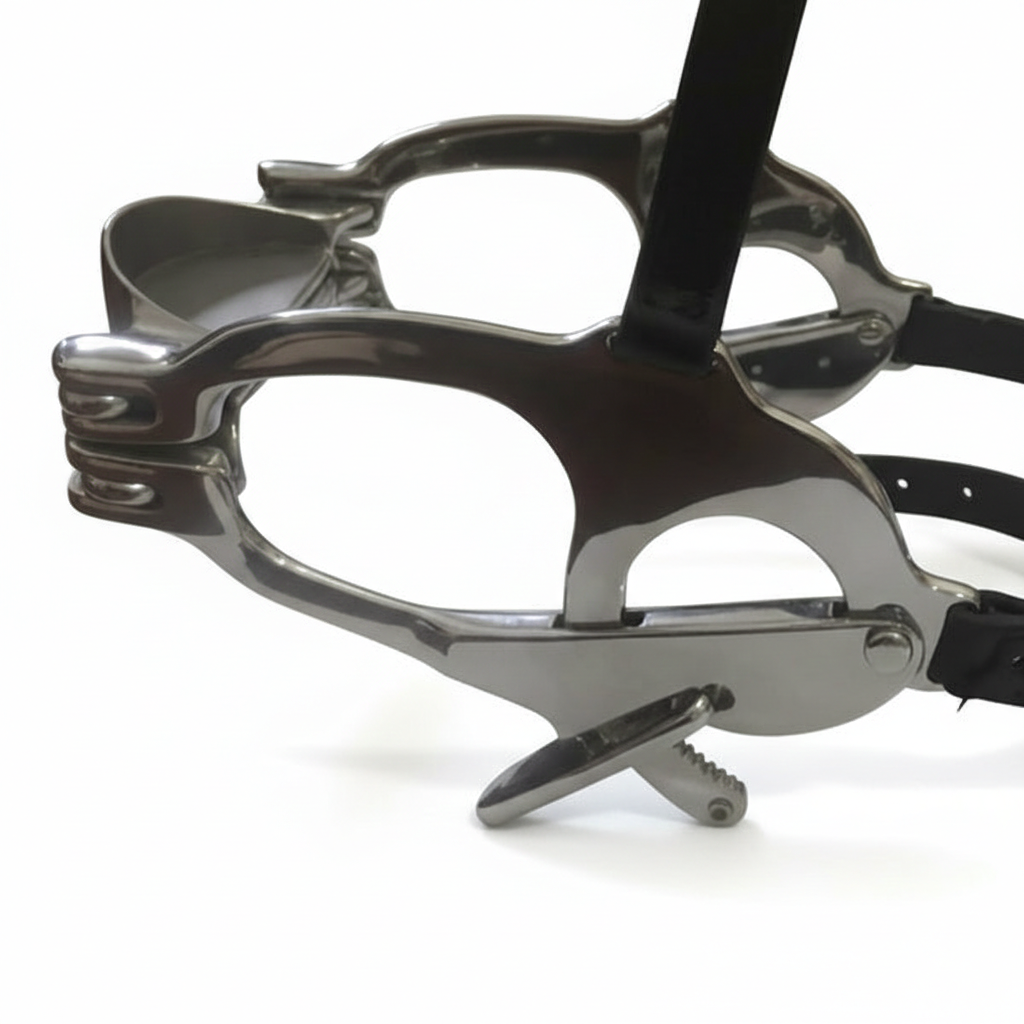 Pony dental gag with high-quality stainless steel frame and biothane or leather straps for horses by Equine Tools Direct used in professional equine dental procedures