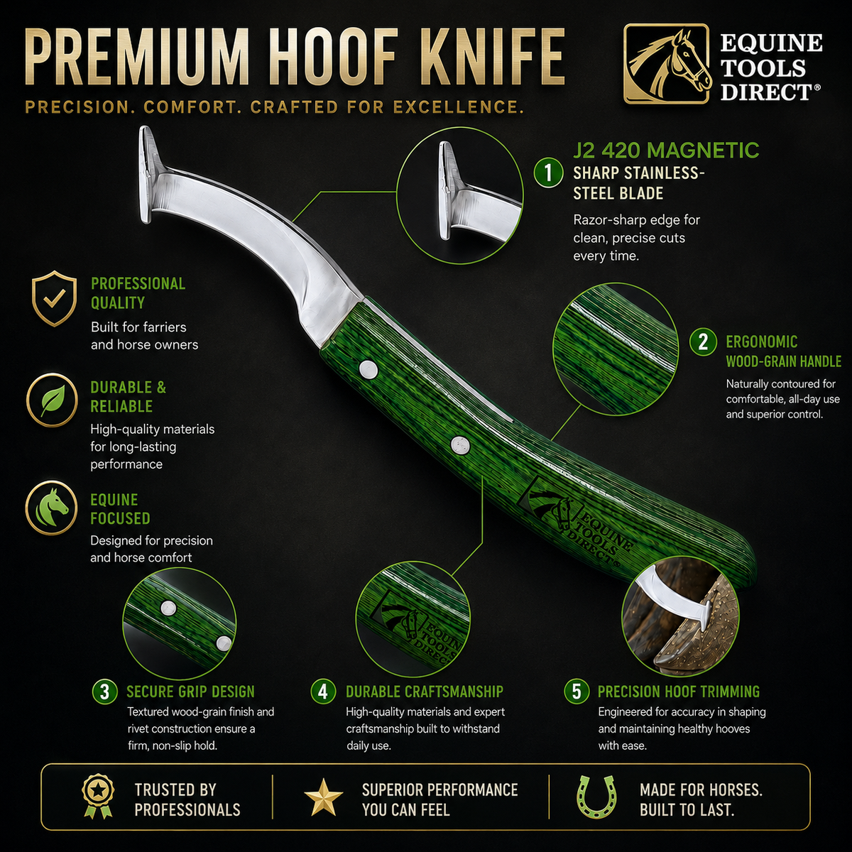 Straight blade hoof knife features – J2 420 stainless steel,
ergonomic green wood-grain handle, secure grip riveted
design