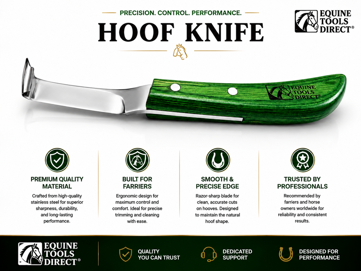 Equine Tools Direct straight hoof knife with green handle
and rhino hook blade on flat surface with natural light