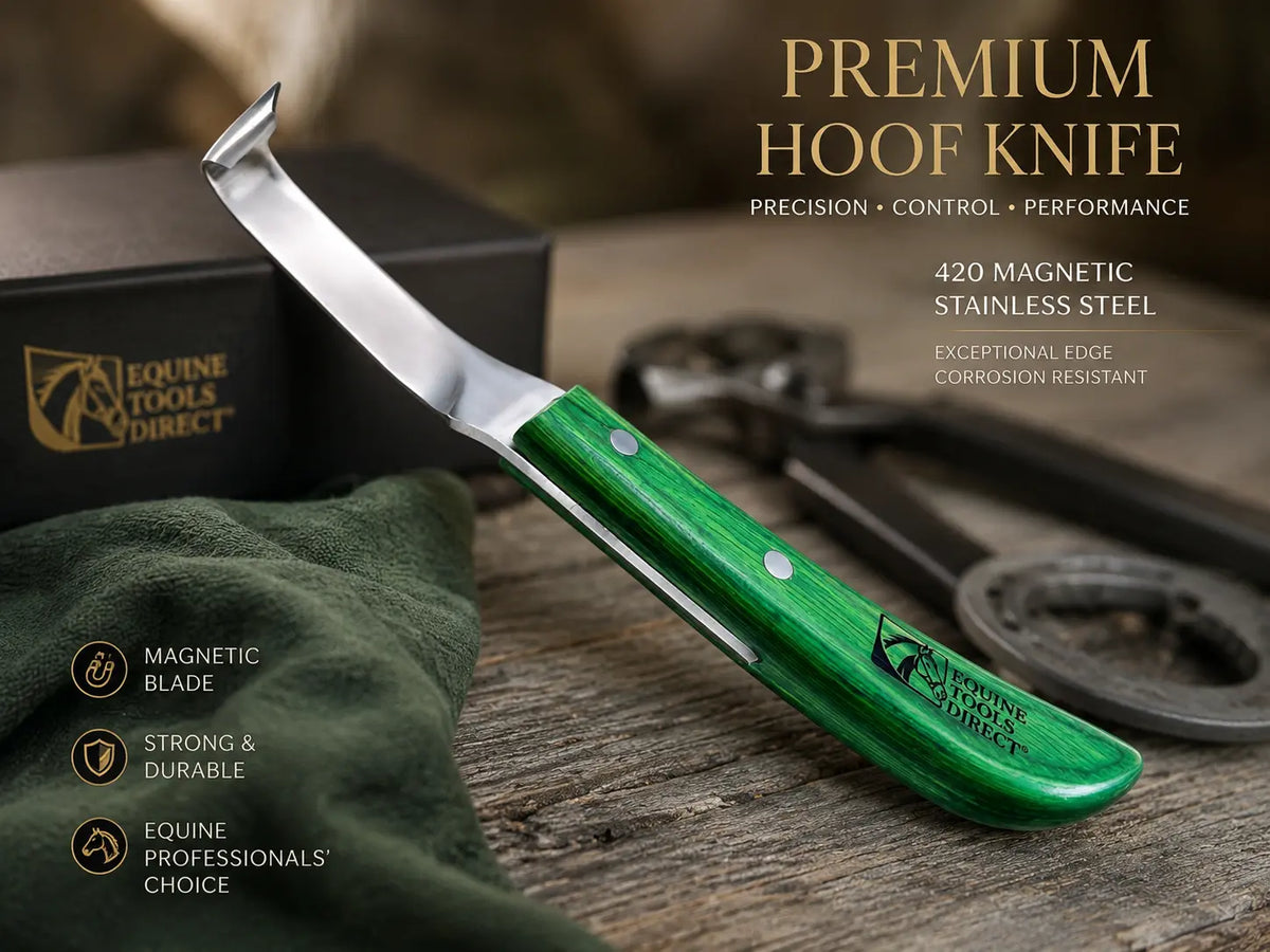 Equine Tools Direct straight hoof knife with green handle
and rhino hook blade on flat surface with natural light
