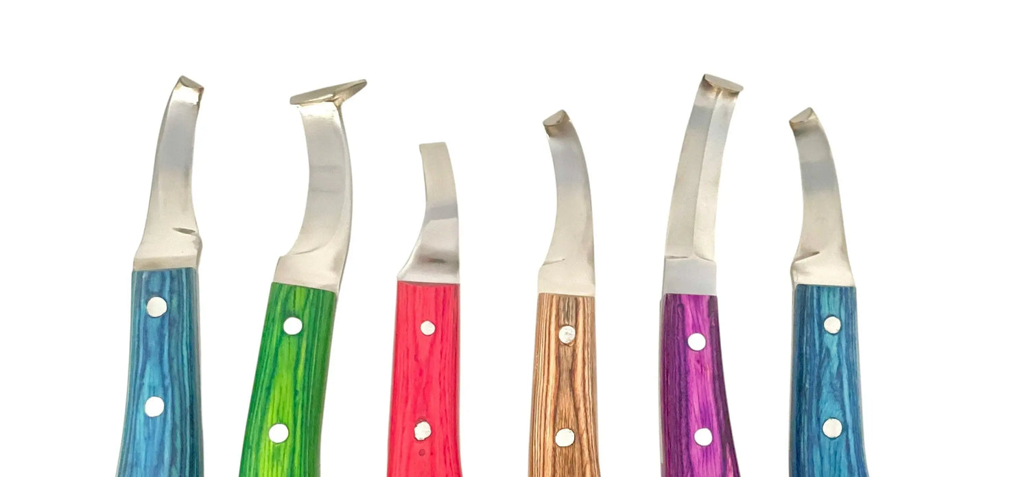 Equine Tools Direct professional farrier hoof knives collection – curved, loop, double-edge, straight blade and rhino hook hoof knives in multiple handle colors