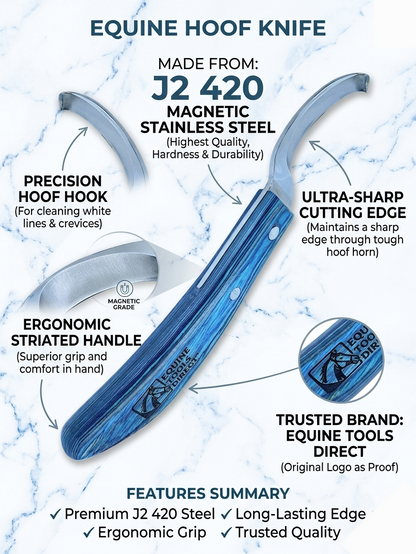 Equine Tools Direct Curved Hoof Knife – Left Hand | J2 420 Magnetic Stainless Steel | Ergonomic Blue Wood Handle | Professional Farrier & Horse Hoof Trimming Tool