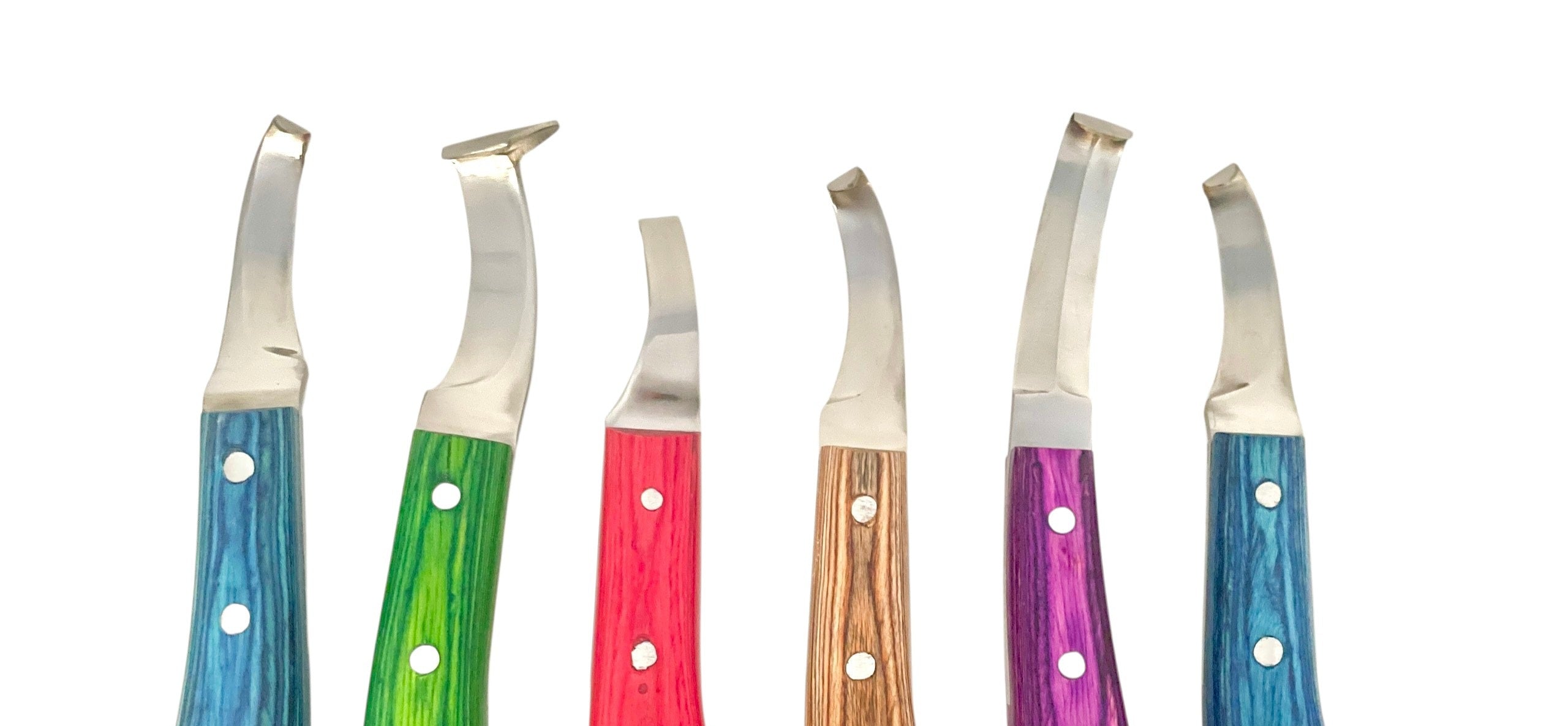 Set of five Colorful Hoof Knives with ergonomic wood grain handles - Equine Tools Direct farrier tools