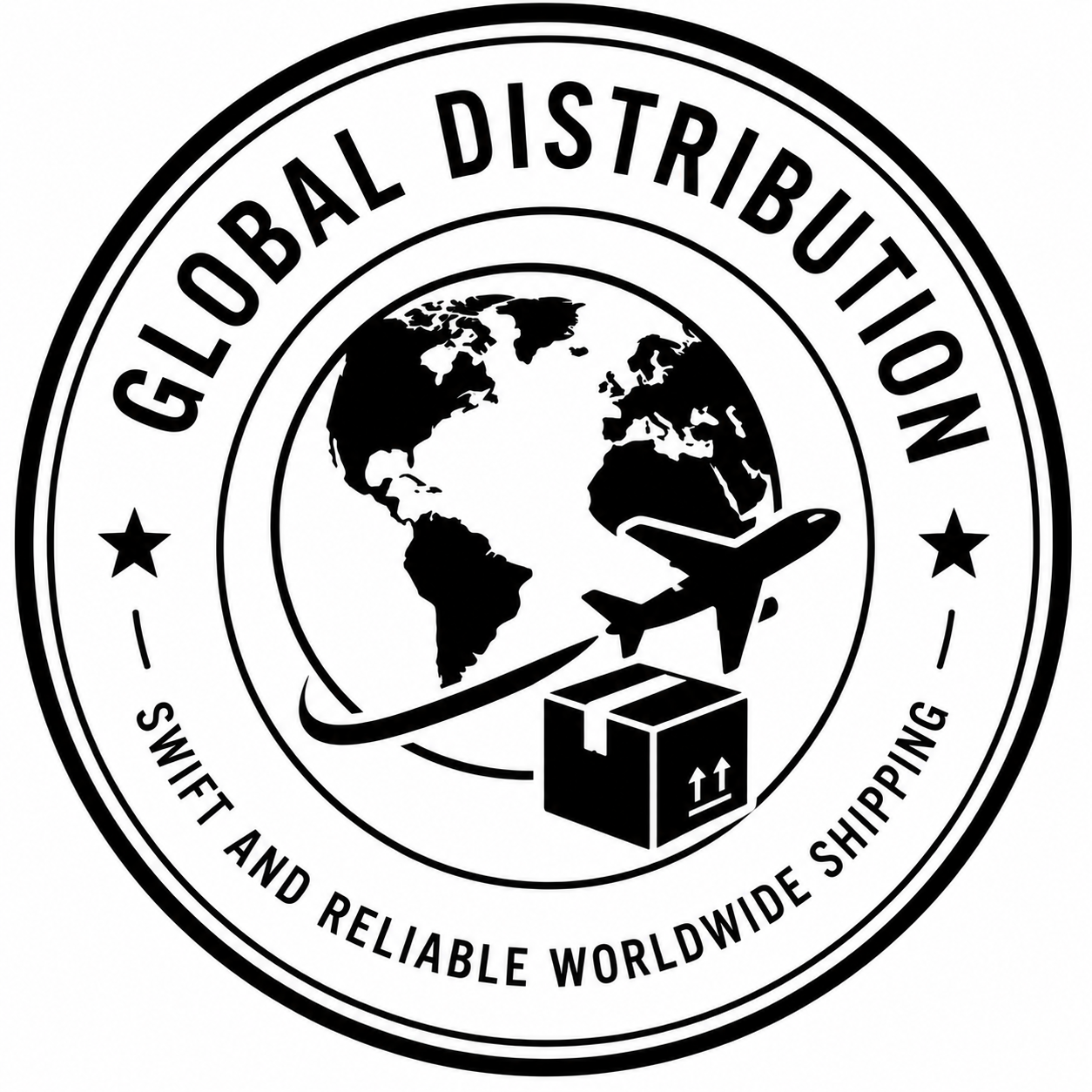 Logo for global distribution with a world map, airplane, and box.