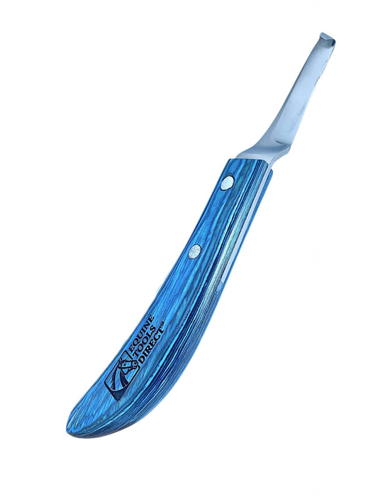Equine Tools Direct Curved Blade Hoof Knife – J2 420 Magnetic Stainless Steel, Left-Hand, Ergonomic Blue Handle, Professional Farrier Trimming Tool