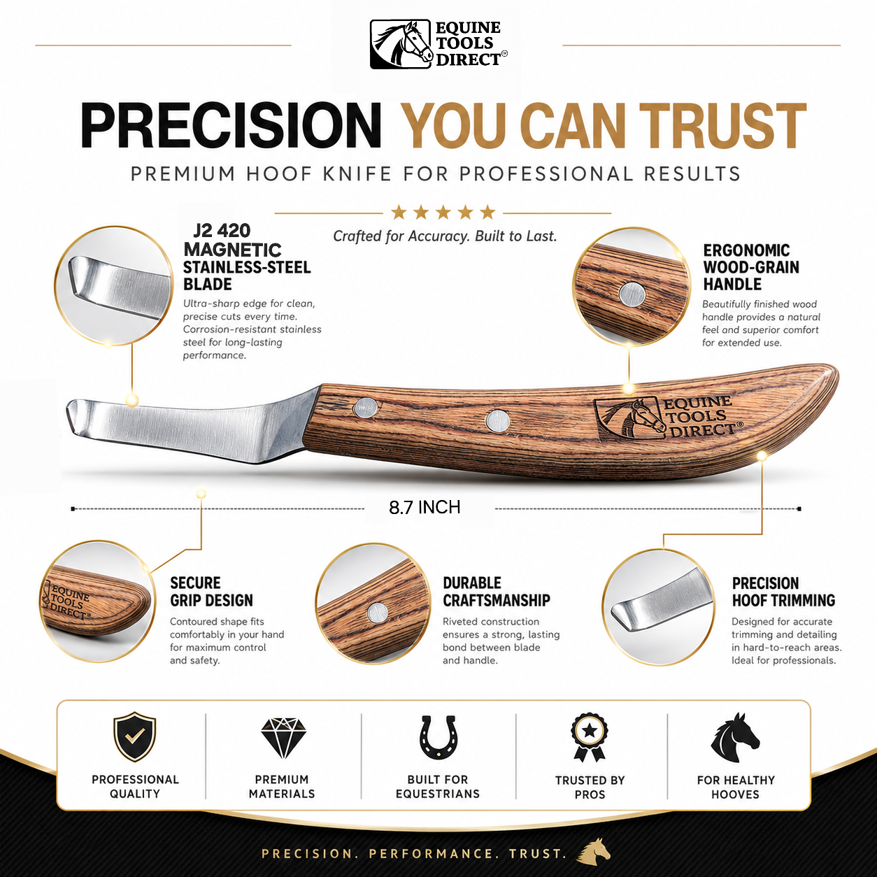 Equine Tools Direct J2 420 Magnetic Stainless Steel Right-Hand Curved Hoof Knife with Wooden Handle, Professional Farrier Hoof Trimming & Cleaning Tool