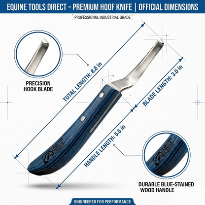 Equine Tools Direct Curved Hoof Knife – Left Hand | J2 420 Magnetic Stainless Steel | Ergonomic Blue Wood Handle | Professional Farrier & Horse Hoof Trimming Tool