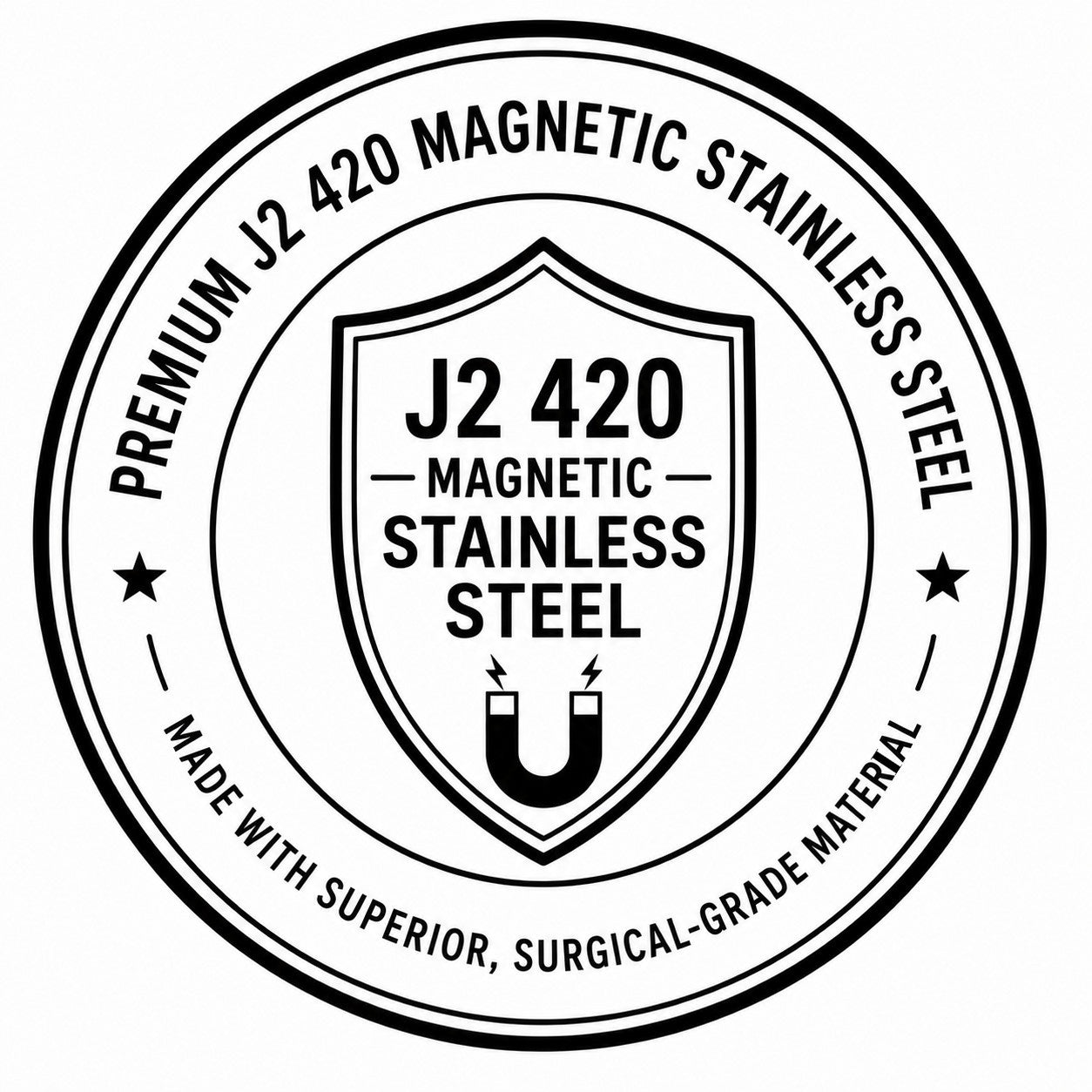 Logo for J2 420 Magnetic Stainless Steel with shield design and text on a white background