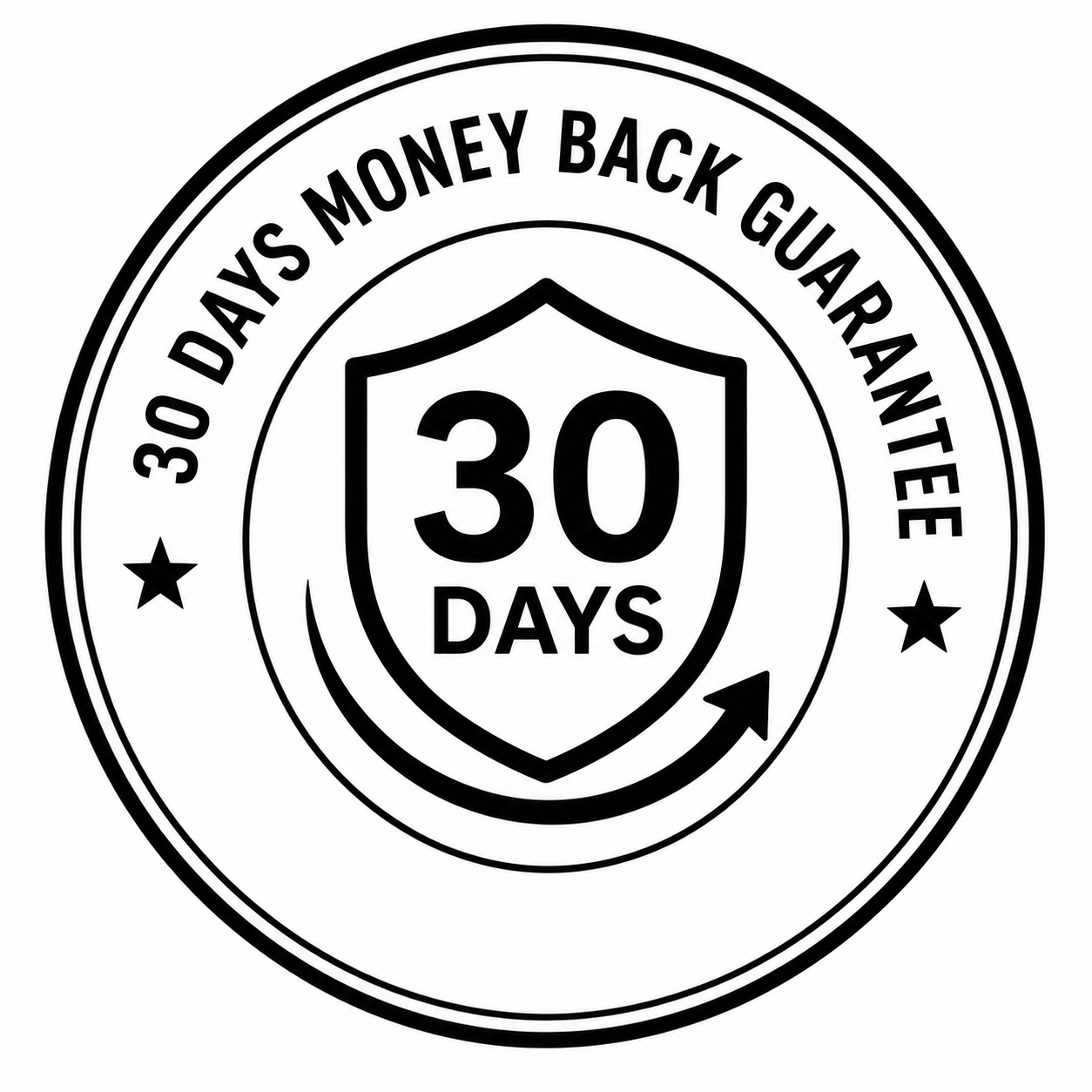 Black and white '30 Days Money Back Guarantee' logo on a white background