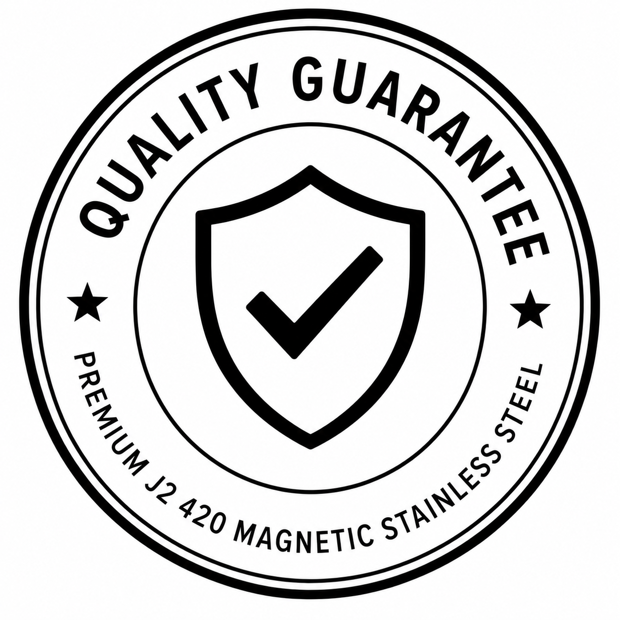 Quality guarantee badge with shield and checkmark on a white background