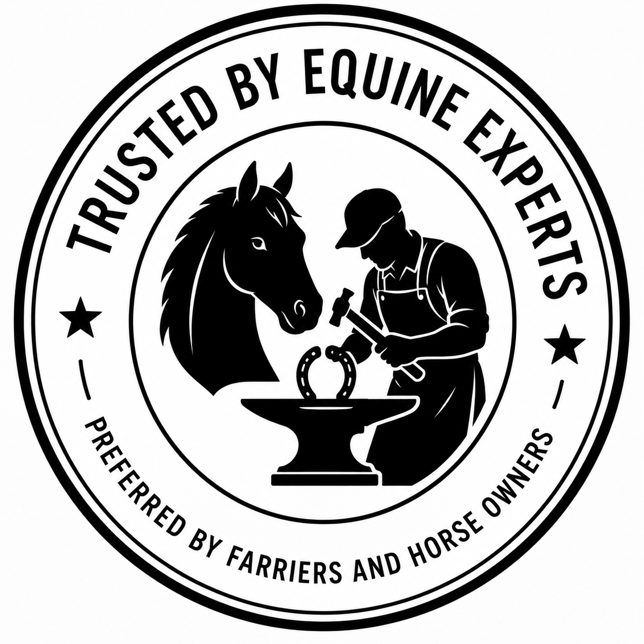 Logo of a blacksmith forging a shoe on an anvil with a horse, surrounded by text 'Trusted by Equine Experts' and 'Preferred by Farriers and Horse Owners'.