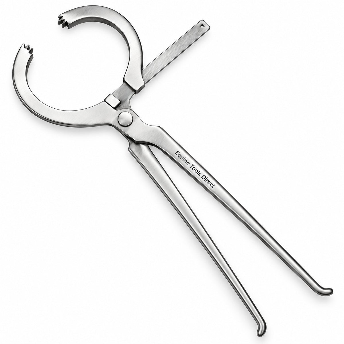 Open jaw view of adjustable hoof tester showing the pivot and adjustable bar