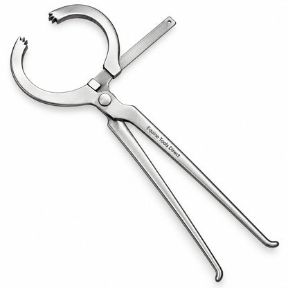 Open jaw view of adjustable hoof tester showing the pivot and adjustable bar