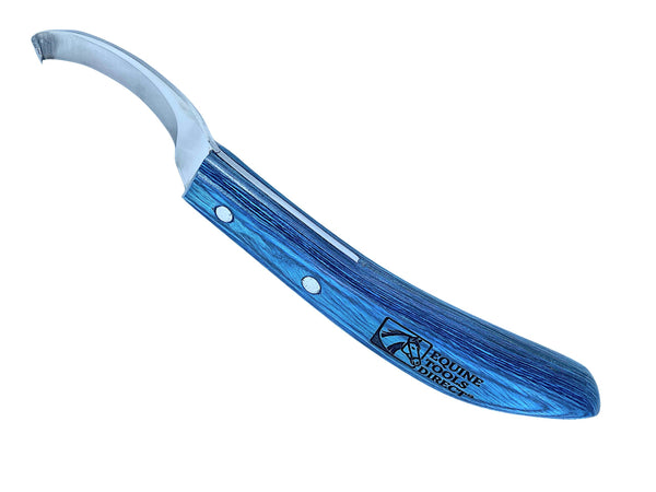 Equine Tools Direct Curved Blade Hoof Knife – Right Hand | J2 420 Magnetic Stainless Steel | Ergonomic Blue Wood-Grain  Handle | Professional Farrier & Horse Hoof Trimming Tool