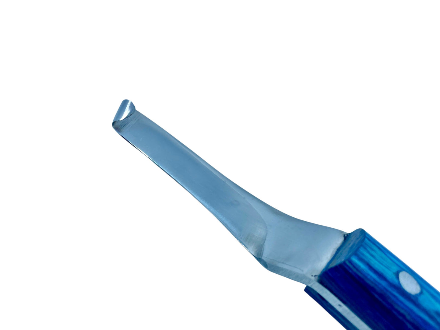 Close-up of precision curved blade tip on right-hand hoof knife 
– J2 420 magnetic stainless steel