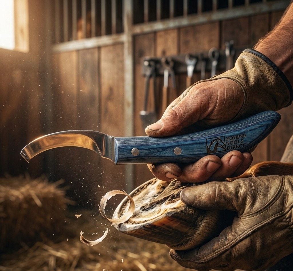 Professional farrier using Equine Tools Direct right-hand 
curved hoof knife with blue handle to trim horse hoof in stable