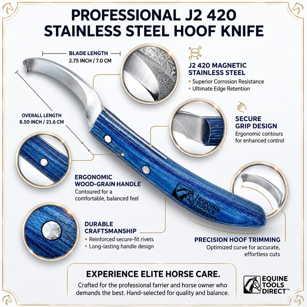 Right-hand curved hoof knife features – J2 420 magnetic stainless steel, ergonomic blue wood-grain handle, secure riveted grip