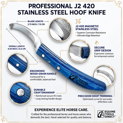 Right-hand curved hoof knife features – J2 420 magnetic stainless steel, ergonomic blue wood-grain handle, secure riveted grip