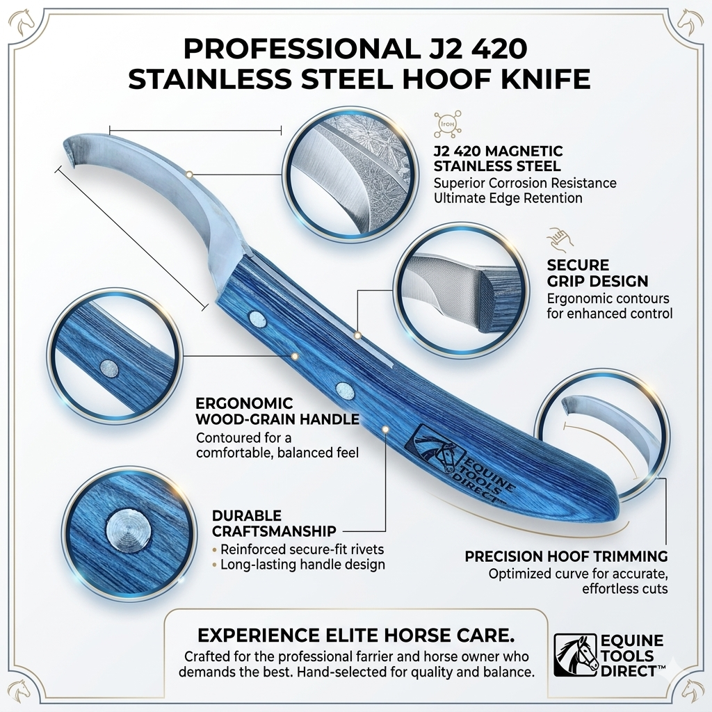 Right-hand curved hoof knife features – J2 420 magnetic stainless steel, ergonomic blue wood-grain handle, secure riveted grip