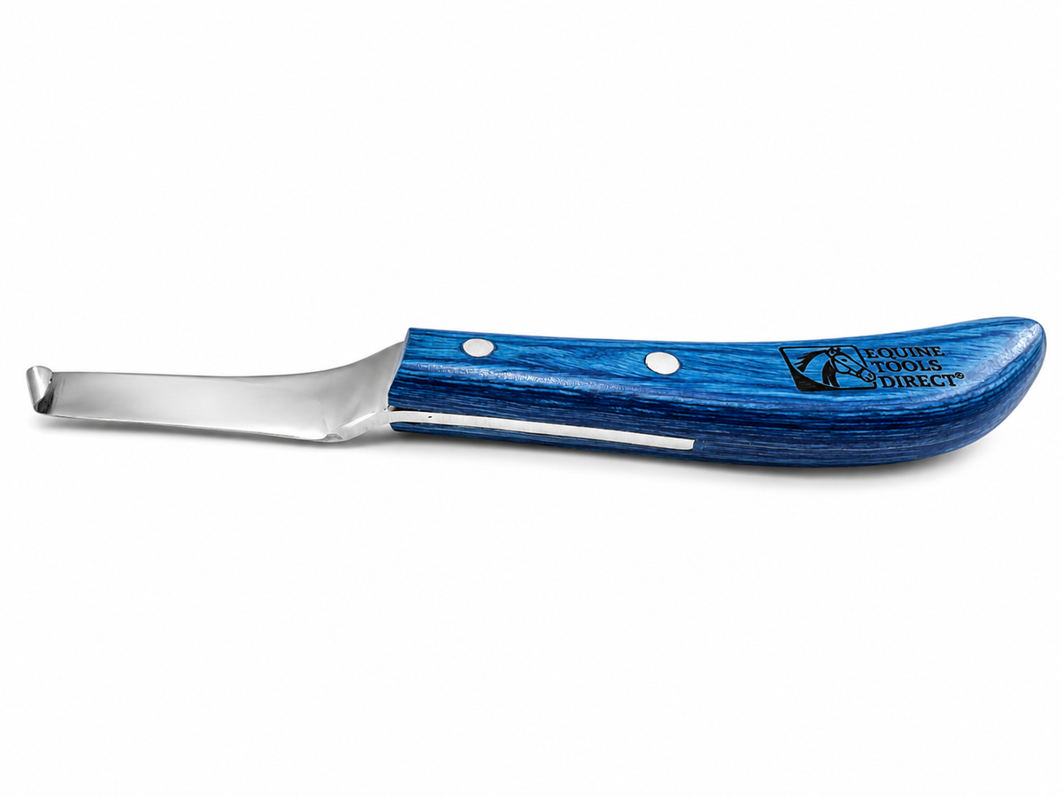 Flat side profile of Equine Tools Direct right-hand curved hoof 
knife with blue wood-grain handle and stainless steel blade