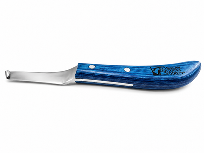 Flat side profile of Equine Tools Direct right-hand curved hoof 
knife with blue wood-grain handle and stainless steel blade