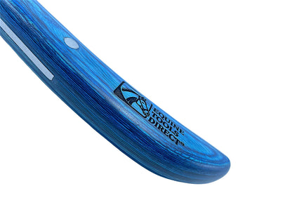 Close-up of Equine Tools Direct engraved logo on blue 
stained wood-grain handle of right-hand curved hoof knife
