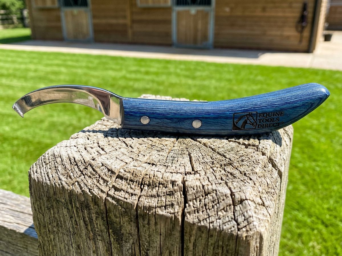 Equine Tools Direct right-hand curved hoof knife with blue handle resting on wooden fence post at horse stable