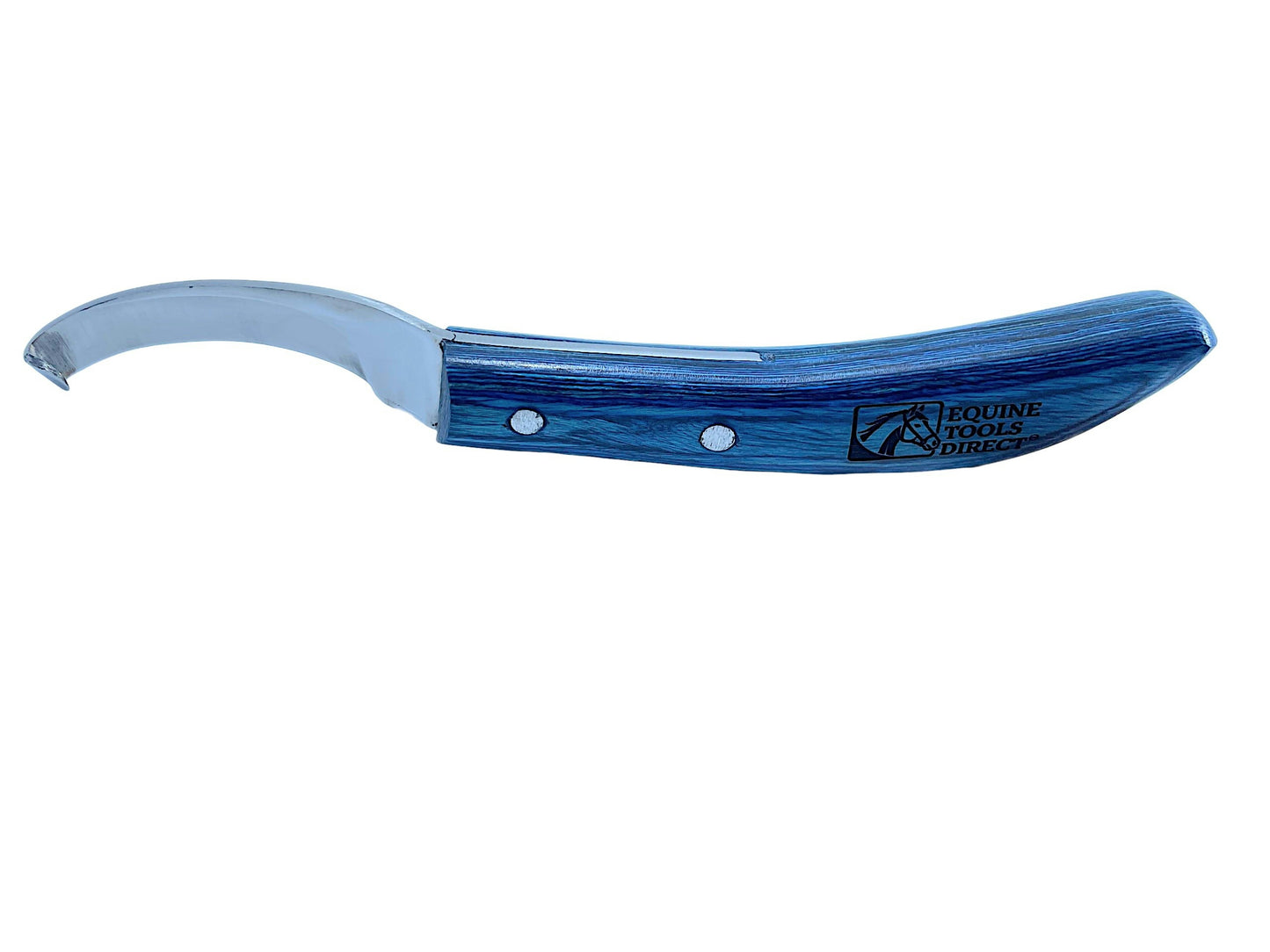 Side view of Equine Tools Direct right-hand curved hoof knife 
– blue stained wood-grain handle with riveted construction