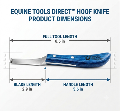 Right-hand curved hoof knife dimensions – 8.5 inch total 
length, 2.9 inch blade, 5.6 inch blue wood-grain handle