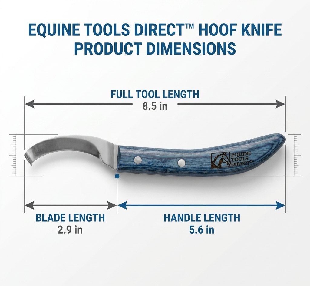 Right-hand curved hoof knife dimensions – 8.5 inch total 
length, 2.9 inch blade, 5.6 inch blue wood-grain handle