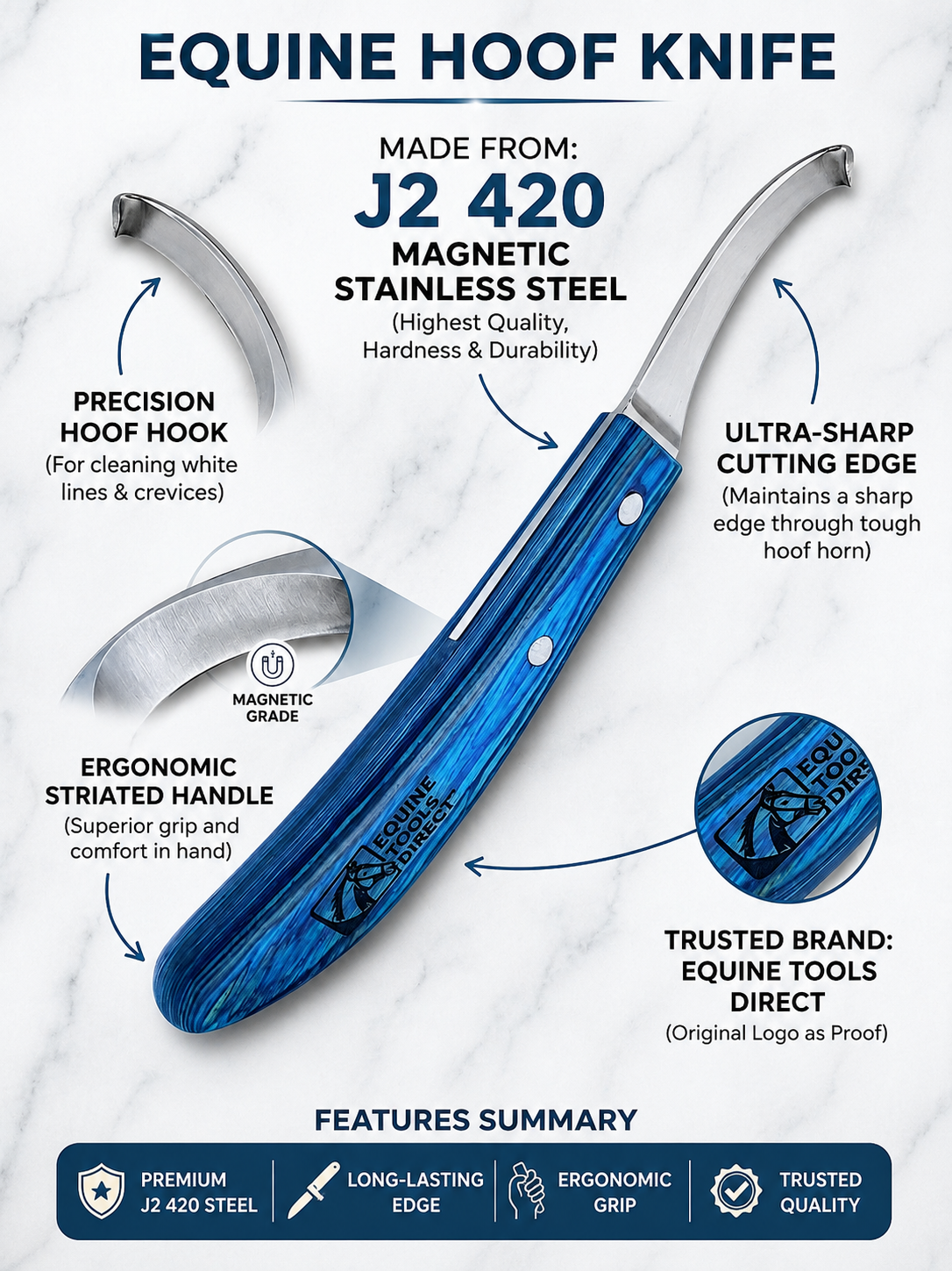 Equine hoof knife features – J2 420 magnetic stainless 
steel, precision hoof hook, ergonomic blue striated handle