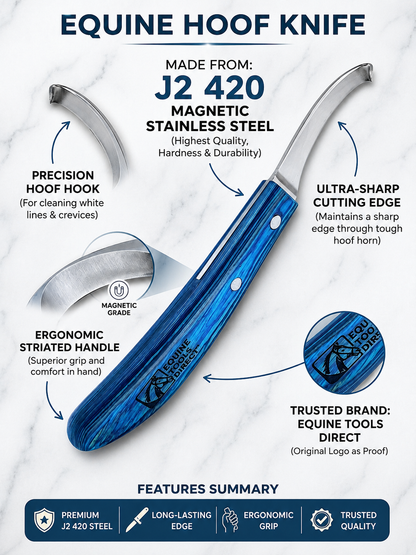 Equine hoof knife features – J2 420 magnetic stainless 
steel, precision hoof hook, ergonomic blue striated handle