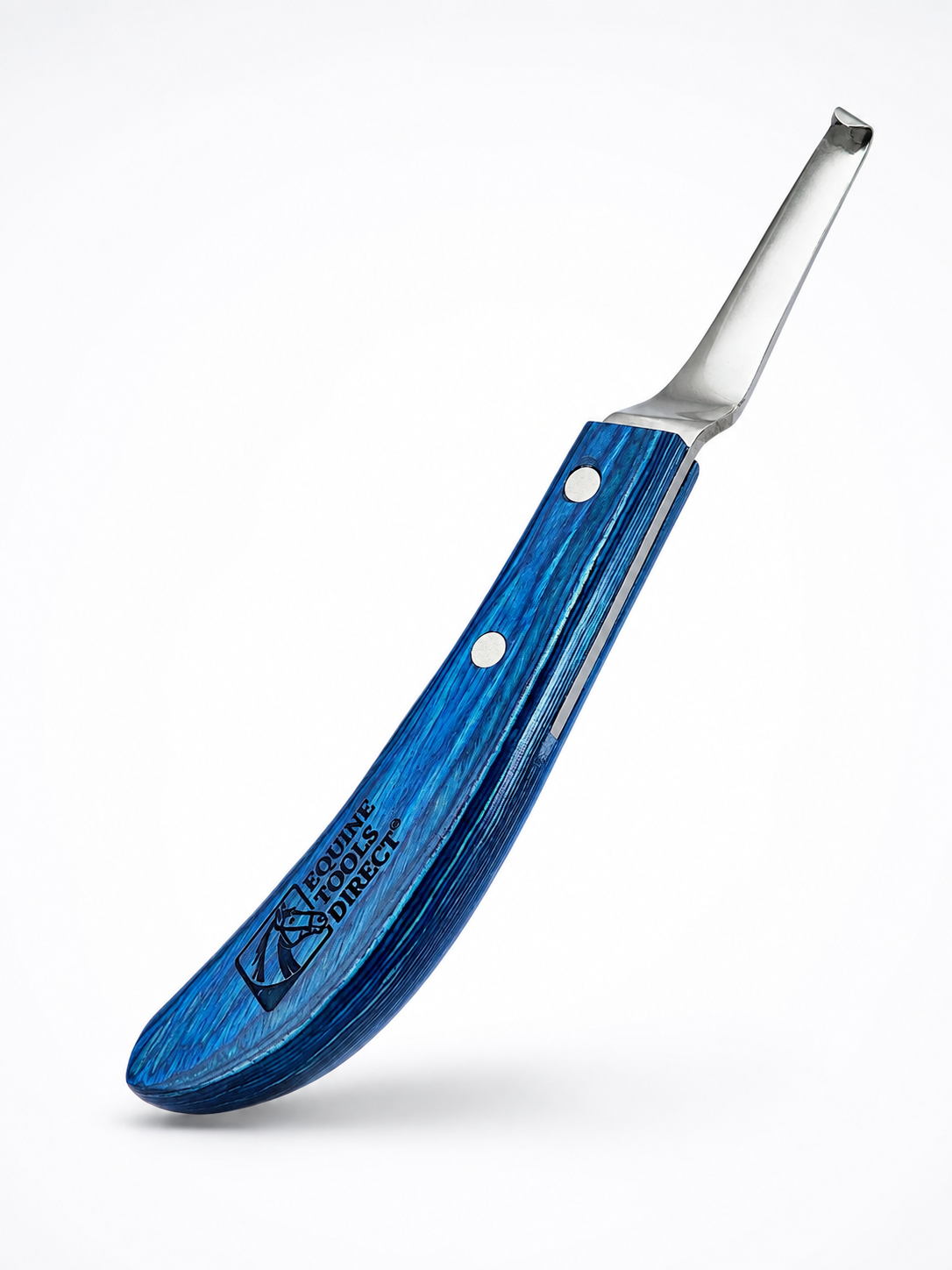 Full diagonal view of Equine Tools Direct curved hoof knife 
– blue handle, precision hook blade for horse hoof trimming