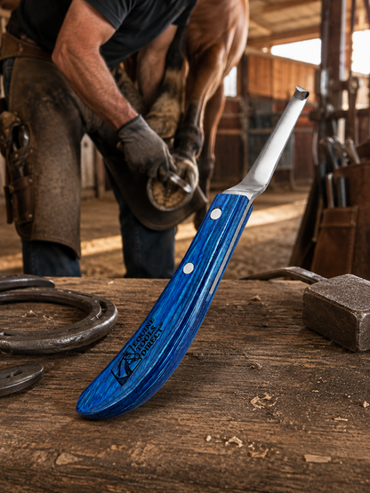Full diagonal view of Equine Tools Direct curved hoof knife 
– blue handle, precision hook blade for horse hoof trimming