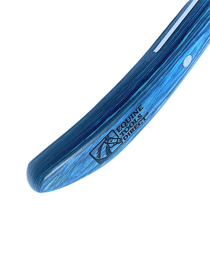 Close-up of Equine Tools Direct logo on blue stained wood 
hoof knife handle