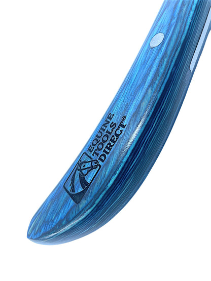Close-up of blue wood handle tip with Equine Tools Direct 
engraved logo on farrier hoof knife
