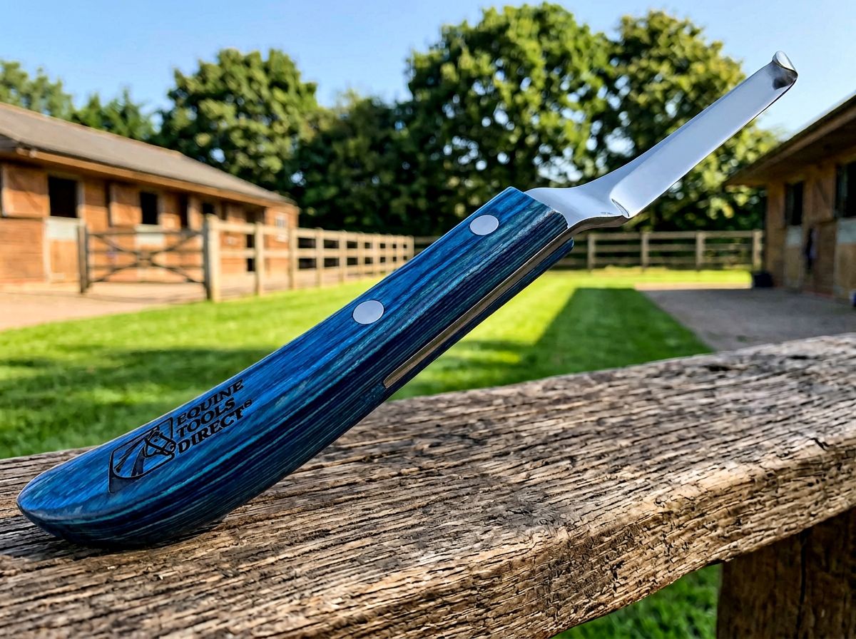 Equine Tools Direct curved hoof knife with blue wood 
handle resting on fence rail at horse stable