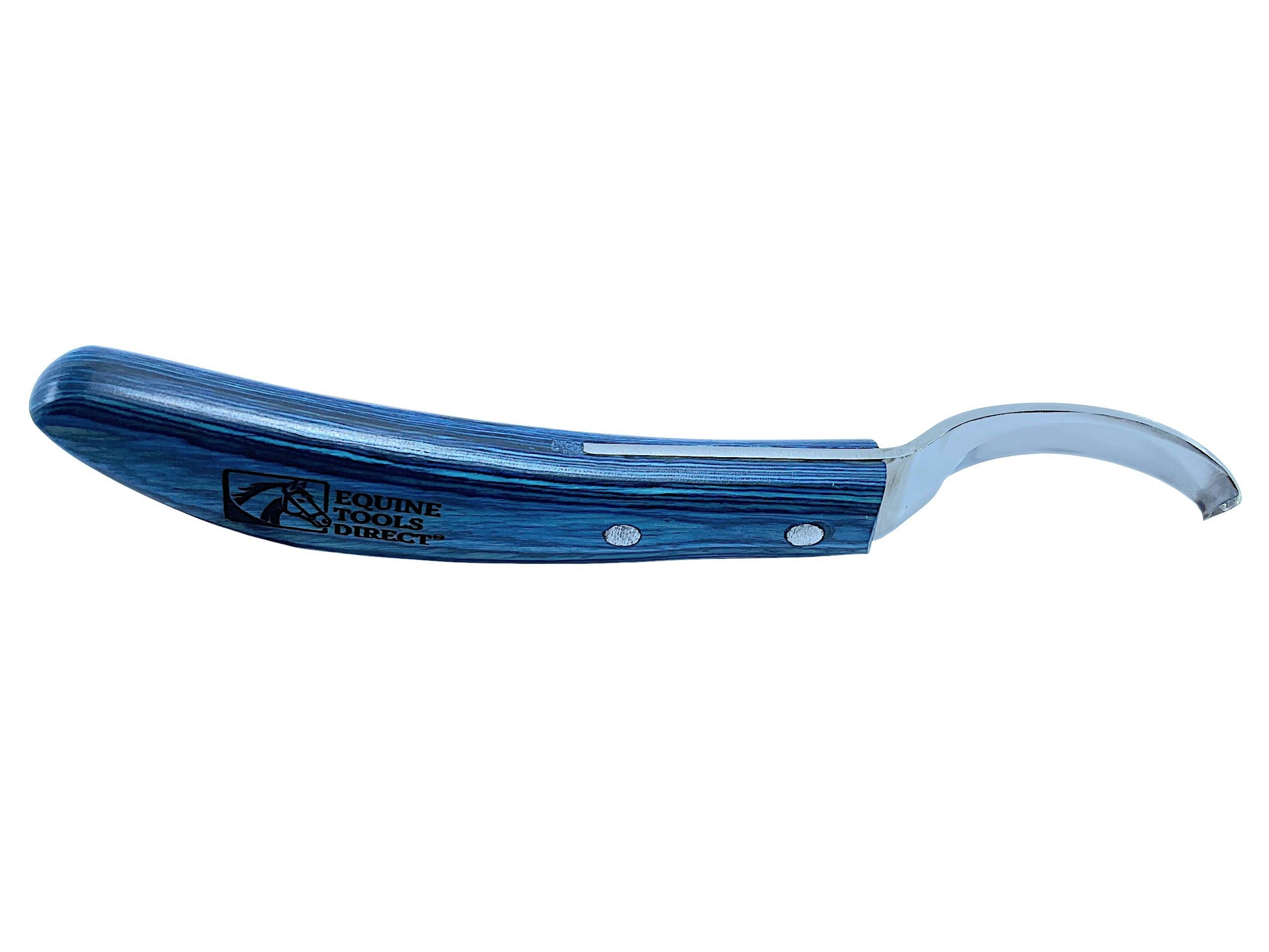 Side profile view of curved farrier hoof knife with blue wood 
handle and stainless steel hook blade