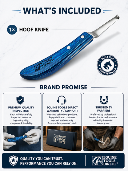 Full diagonal view of Equine Tools Direct curved hoof knife 
– blue handle, precision hook blade for horse hoof trimming