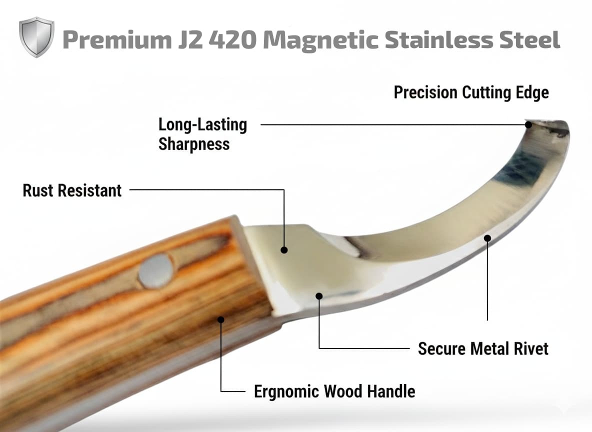 Detailed cutting edge of curved hoof knife for trimming and cleaning