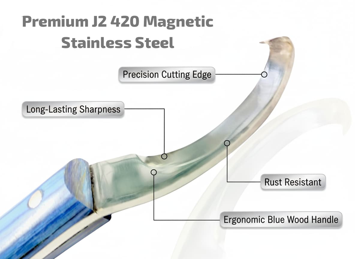 Detailed cutting edge of right-hand curved hoof knife