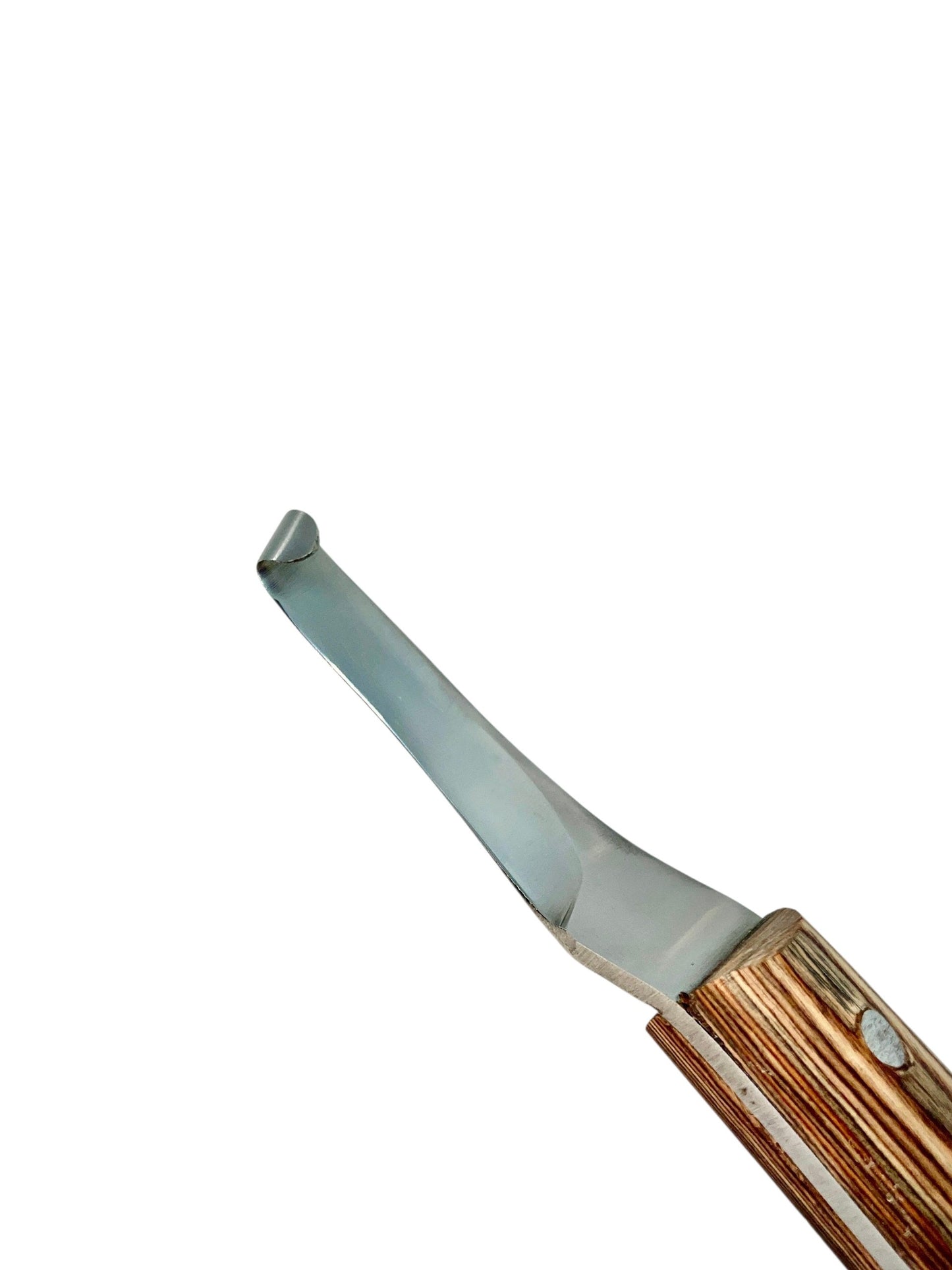 Close-up of precision curved blade tip on Equine Tools 
Direct hoof knife – J2 420 magnetic stainless steel
