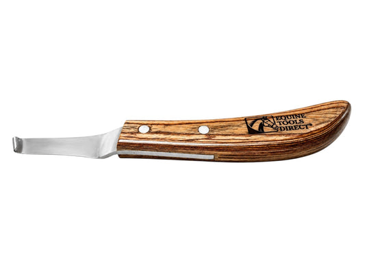 Flat side profile of Equine Tools Direct curved hoof knife 
with natural wood-grain handle and stainless steel blade